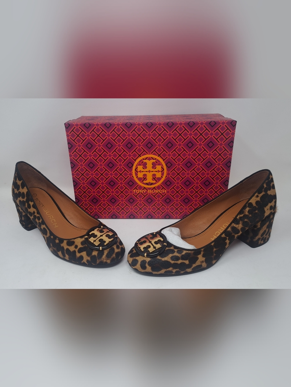 Tory Burch Women's Barbados Leopards Cow Fur 55mm Logo Block Pumps 7 US